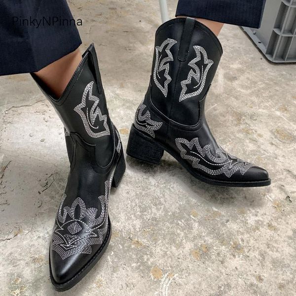 2020 fall luxury genuine leather western cowboy women boots pointed toe vintage totem pattern short booties shoes, Black